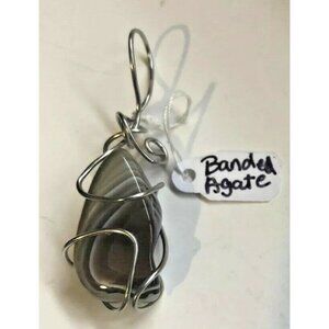 Banded Agate Natural Stone Pendant Artistically Wrapped Silver-tone Wire